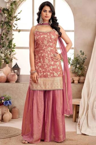 Pink jacquard embroidered sharara set