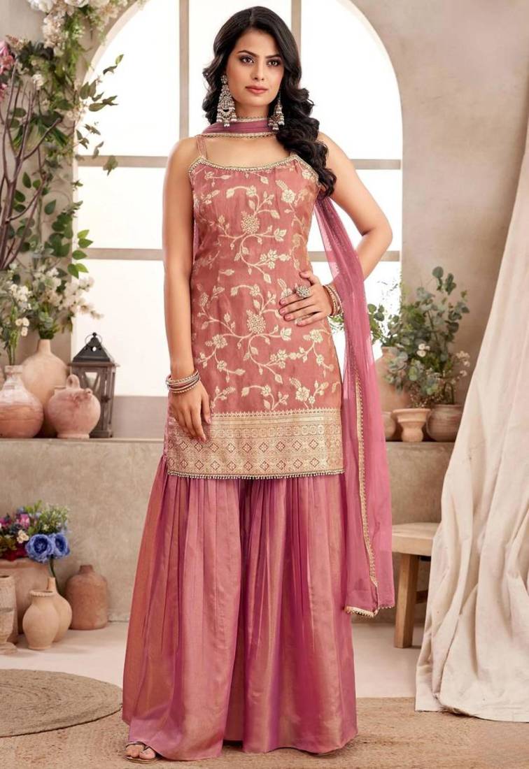 Pink jacquard embroidered sharara set