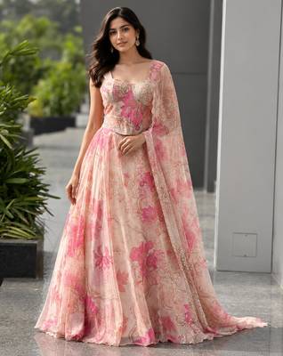pink organza printed  lehenga choli with free size upto 42 1