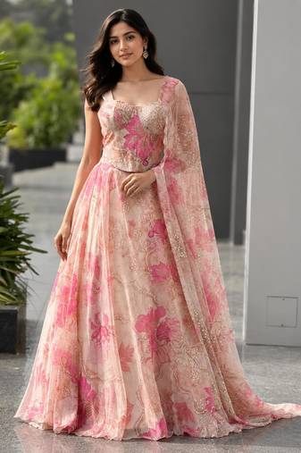 pink organza printed  lehenga choli with free size upto 42