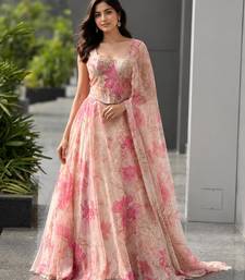 pink organza printed  lehenga choli with free size upto 42