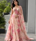 pink organza printed  lehenga choli with free size upto 42