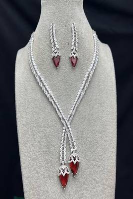 Ruby Red Crystal Marquise Lariat Necklace and Drop Earrings Set 2