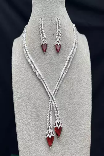Ruby Red Crystal Marquise Lariat Necklace and Drop Earrings Set