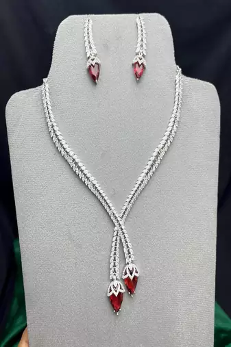 Ruby Red Crystal Marquise Lariat Necklace and Drop Earrings Set