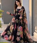 black organza printed  lehenga choli with free size upto 42