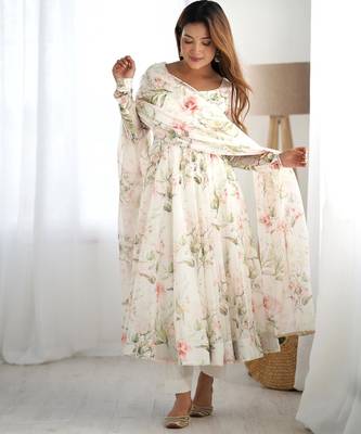 Women's Gorgeous Floral Print Organza Silk Fabric Flared Anarkali Pant and Dupatta Set 1