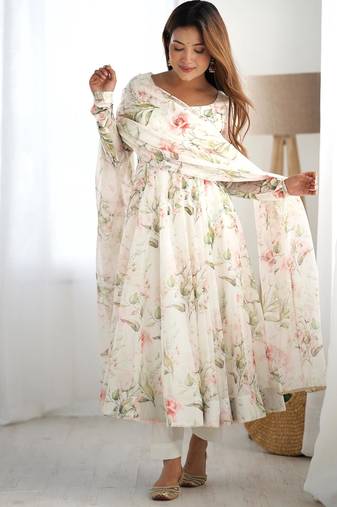Women's Gorgeous Floral Print Organza Silk Fabric Flared Anarkali Pant and Dupatta Set