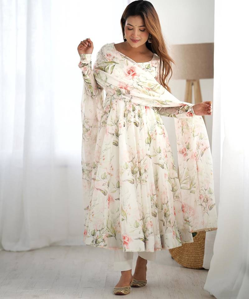 Women's Gorgeous Floral Print Organza Silk Fabric Flared Anarkali Pant and Dupatta Set