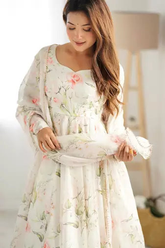Women's Gorgeous Floral Print Organza Silk Fabric Flared Anarkali Pant and Dupatta Set