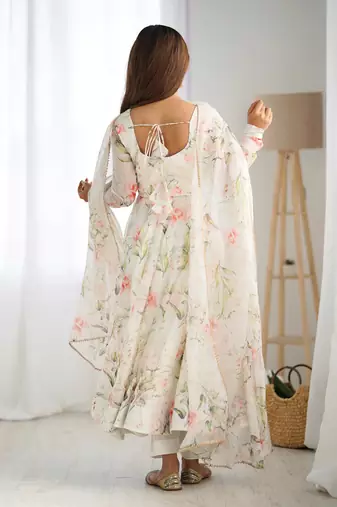 Women's Gorgeous Floral Print Organza Silk Fabric Flared Anarkali Pant and Dupatta Set