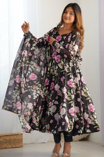 Women's Gorgeous Floral Print Organza Silk Fabric Flared Anarkali Pant and Dupatta Set