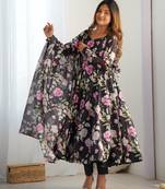 Women's Gorgeous Floral Print Organza Silk Fabric Flared Anarkali Pant and Dupatta Set