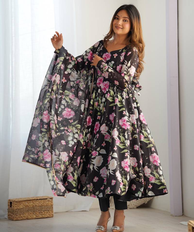 Women's Gorgeous Floral Print Organza Silk Fabric Flared Anarkali Pant and Dupatta Set