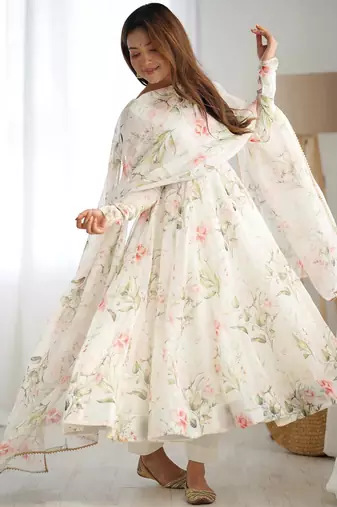 Women's Gorgeous Floral Print Organza Silk Fabric Flared Anarkali Pant and Dupatta Set