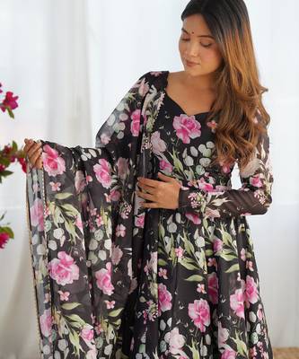 Women's Gorgeous Floral Print Organza Silk Fabric Flared Anarkali Pant and Dupatta Set 2