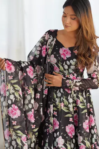 Women's Gorgeous Floral Print Organza Silk Fabric Flared Anarkali Pant and Dupatta Set