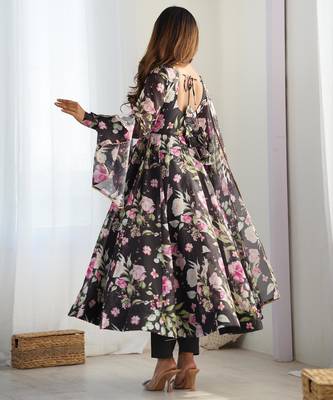 Women's Gorgeous Floral Print Organza Silk Fabric Flared Anarkali Pant and Dupatta Set 3