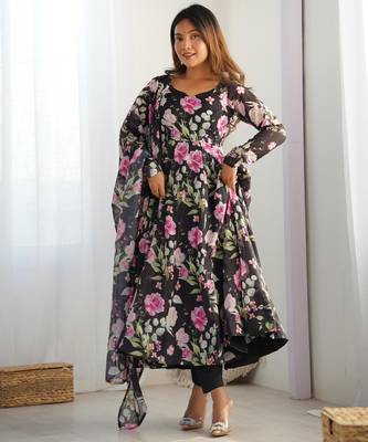 Women's Gorgeous Floral Print Organza Silk Fabric Flared Anarkali Pant and Dupatta Set 4