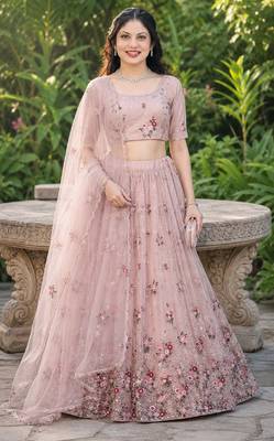 DUSTY SEQUINS EMBROIDERED NET LEHENGA CHOLI SET FOR WOMEN'S 1