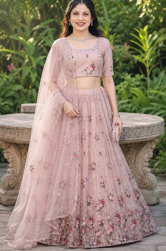 DUSTY SEQUINS EMBROIDERED NET LEHENGA CHOLI SET FOR WOMEN'S