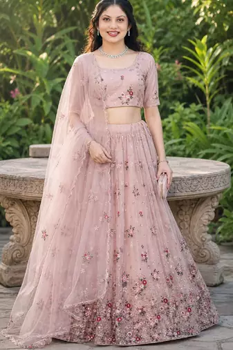 DUSTY SEQUINS EMBROIDERED NET LEHENGA CHOLI SET FOR WOMEN'S