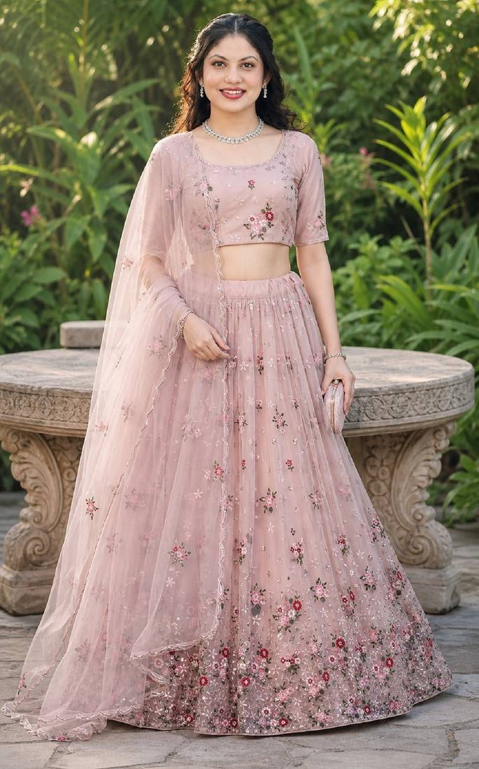 DUSTY SEQUINS EMBROIDERED NET LEHENGA CHOLI SET FOR WOMEN'S