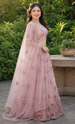DUSTY SEQUINS EMBROIDERED NET LEHENGA CHOLI SET FOR WOMEN'S 2