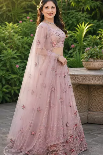 DUSTY SEQUINS EMBROIDERED NET LEHENGA CHOLI SET FOR WOMEN'S