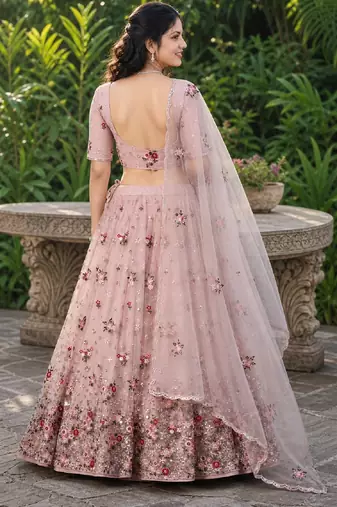 DUSTY SEQUINS EMBROIDERED NET LEHENGA CHOLI SET FOR WOMEN'S