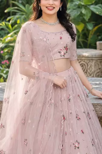 DUSTY SEQUINS EMBROIDERED NET LEHENGA CHOLI SET FOR WOMEN'S