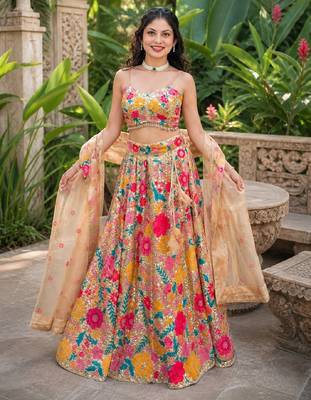 MULTICOLOR SEQUINS & THREAD EMBROIDERED GEORGETTE LEHENGA CHOLI SET FOR WOMEN'S 1