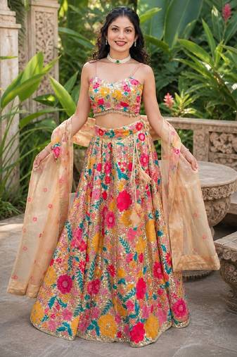 MULTICOLOR SEQUINS & THREAD EMBROIDERED GEORGETTE LEHENGA CHOLI SET FOR WOMEN'S