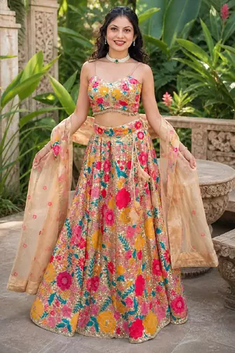 MULTICOLOR SEQUINS & THREAD EMBROIDERED GEORGETTE LEHENGA CHOLI SET FOR WOMEN'S