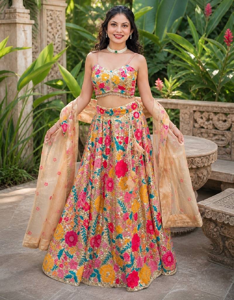 MULTICOLOR SEQUINS & THREAD EMBROIDERED GEORGETTE LEHENGA CHOLI SET FOR WOMEN'S