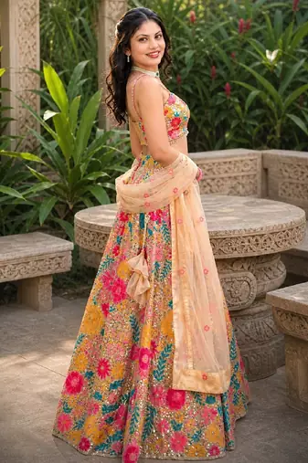 MULTICOLOR SEQUINS & THREAD EMBROIDERED GEORGETTE LEHENGA CHOLI SET FOR WOMEN'S