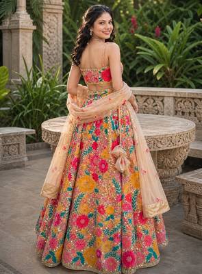 MULTICOLOR SEQUINS & THREAD EMBROIDERED GEORGETTE LEHENGA CHOLI SET FOR WOMEN'S 3