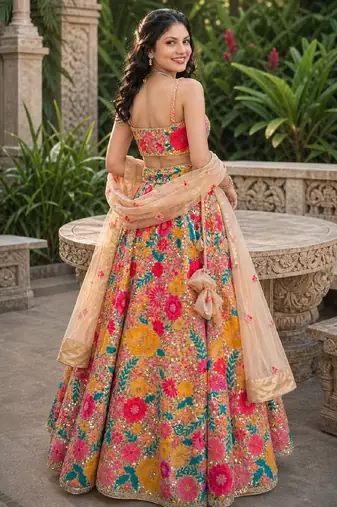 MULTICOLOR SEQUINS & THREAD EMBROIDERED GEORGETTE LEHENGA CHOLI SET FOR WOMEN'S