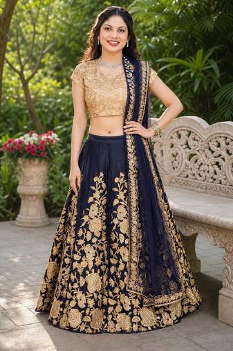 NAVY BLUE SEQUINS EMBROIDERED VELVET LEHENGA CHOLI SET FOR WOMEN'S