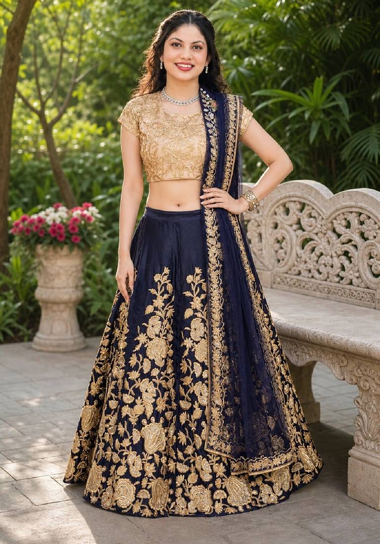 NAVY BLUE SEQUINS EMBROIDERED VELVET LEHENGA CHOLI SET FOR WOMEN'S