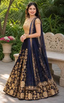NAVY BLUE SEQUINS EMBROIDERED VELVET LEHENGA CHOLI SET FOR WOMEN'S 2