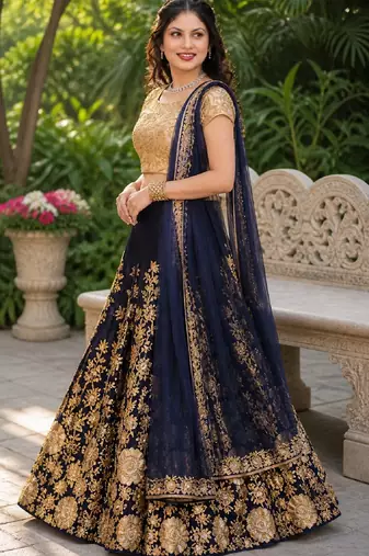 NAVY BLUE SEQUINS EMBROIDERED VELVET LEHENGA CHOLI SET FOR WOMEN'S