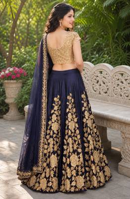 NAVY BLUE SEQUINS EMBROIDERED VELVET LEHENGA CHOLI SET FOR WOMEN'S 3