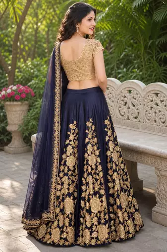 NAVY BLUE SEQUINS EMBROIDERED VELVET LEHENGA CHOLI SET FOR WOMEN'S
