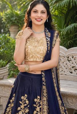 NAVY BLUE SEQUINS EMBROIDERED VELVET LEHENGA CHOLI SET FOR WOMEN'S 4