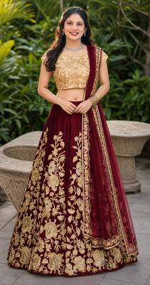 MAROON SEQUINS EMBROIDERED VELVET LEHENGA CHOLI SET FOR WOMEN'S 1