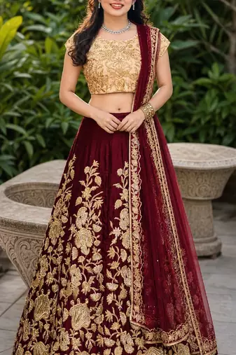 MAROON SEQUINS EMBROIDERED VELVET LEHENGA CHOLI SET FOR WOMEN'S