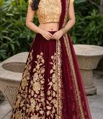 MAROON SEQUINS EMBROIDERED VELVET LEHENGA CHOLI SET FOR WOMEN'S