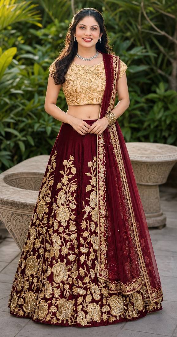 MAROON SEQUINS EMBROIDERED VELVET LEHENGA CHOLI SET FOR WOMEN'S