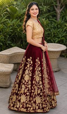 MAROON SEQUINS EMBROIDERED VELVET LEHENGA CHOLI SET FOR WOMEN'S 2